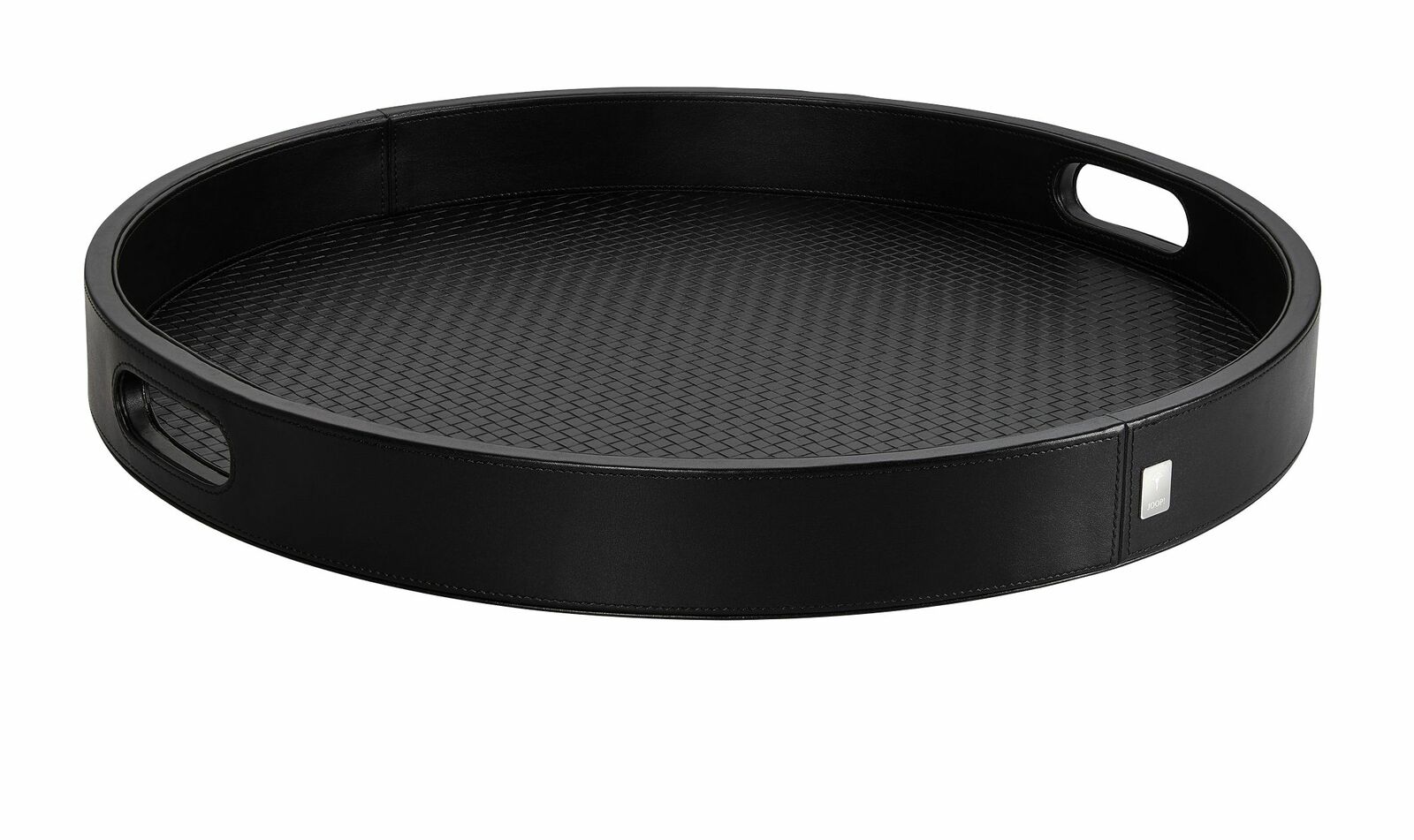 Schwarzes rundes Tablett mit geflochtener Oberfläche und seitlichen Griffen, seitliche Perspektive