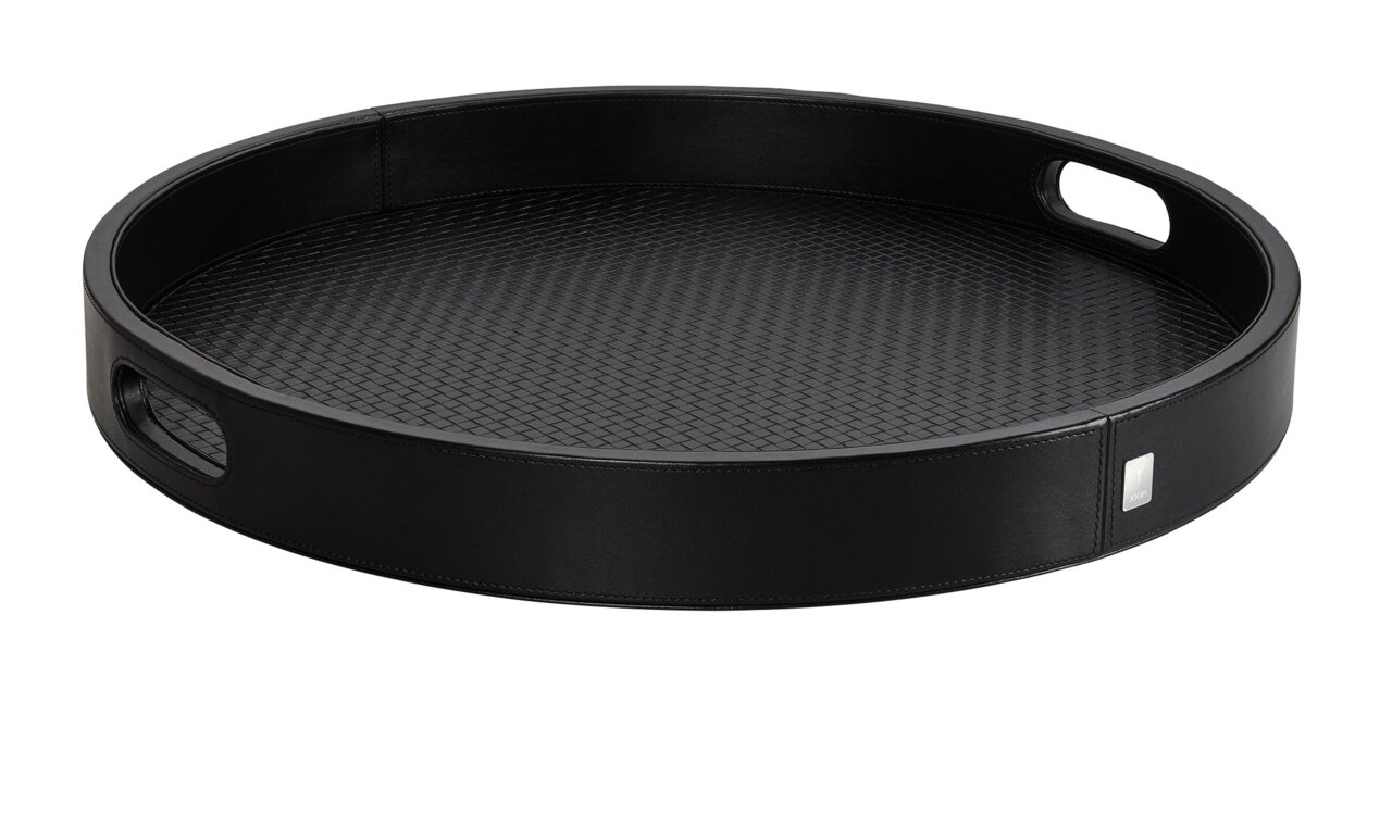 JOOP! Rundes Tablett groß DINING GLAMOUR Schwarzes rundes Tablett mit geflochtener Oberfläche und seitlichen Griffen, seitliche Perspektive