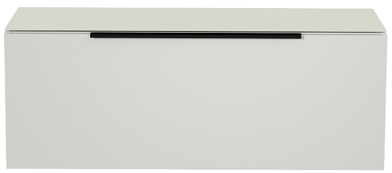 Frontansicht eines modernen, weißen Hänge-Lowboards mit schwarzem Griff.