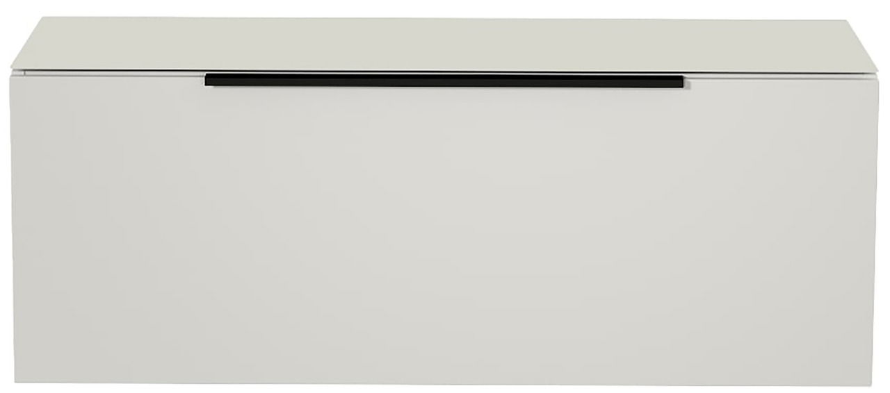 Frontansicht eines modernen, weißen Hänge-Lowboards mit schwarzem Griff.