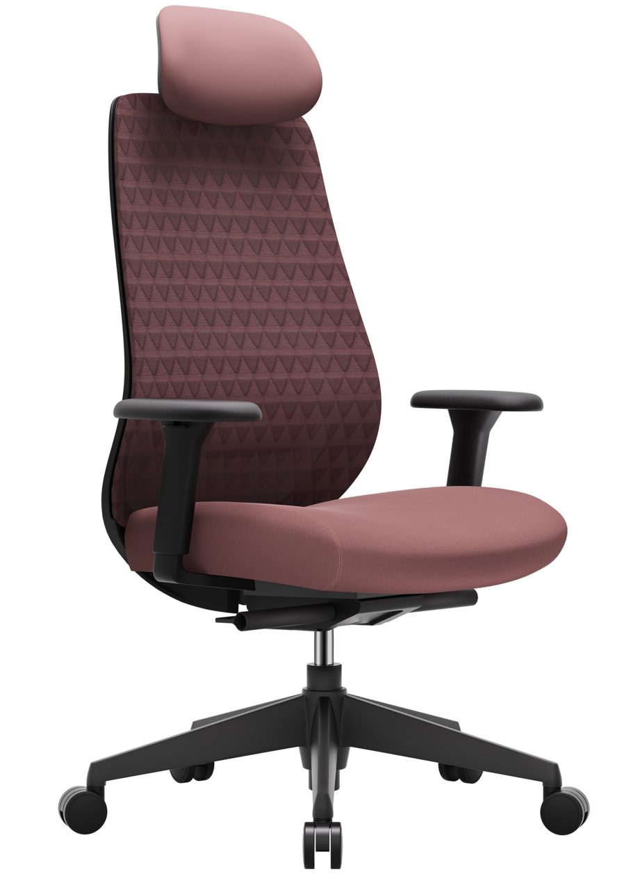 Moderner Drehstuhl mit ergonomischer Rückenlehne und Kopfstütze, seitliche Perspektive