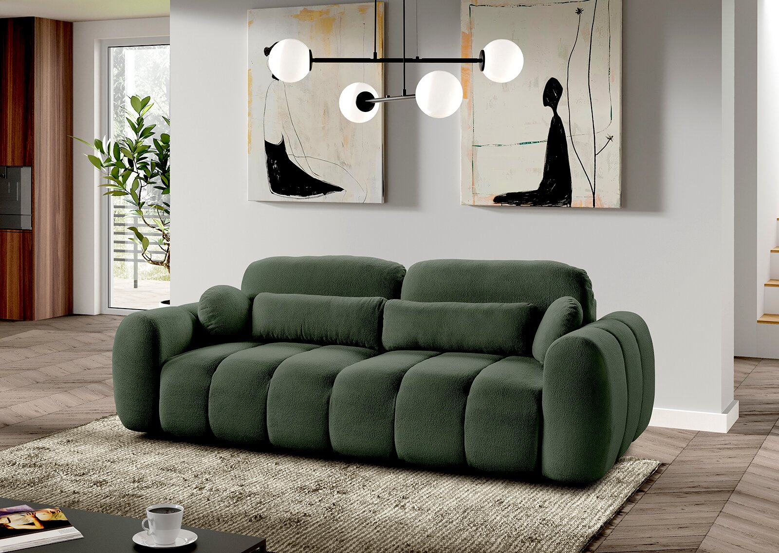 Grünes Funktionssofa in einem modernen Wohnzimmer, seitliche Perspektive