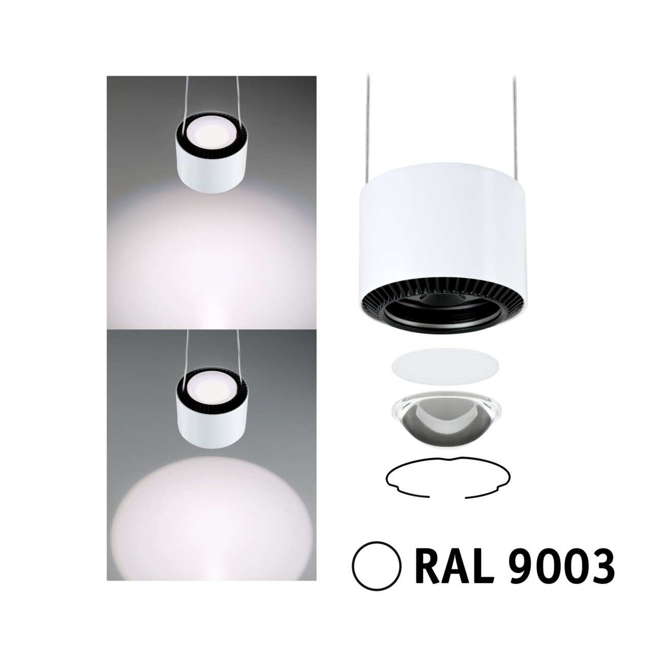 Hängelampe in zylindrischer Form, weiß mit schwarzem Innenring, von unten und seitlich gezeigt, RAL 9003.