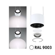 Hanglamp in cilindrische vorm, wit met een zwarte binnenring, gezien van onderen en van opzij, RAL 9003.
