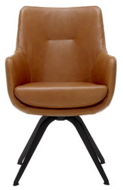 Bruine leren fauteuil met zwart metalen frame, vooraanzicht