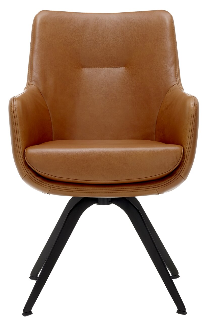 Bruine leren fauteuil met zwart metalen frame, vooraanzicht