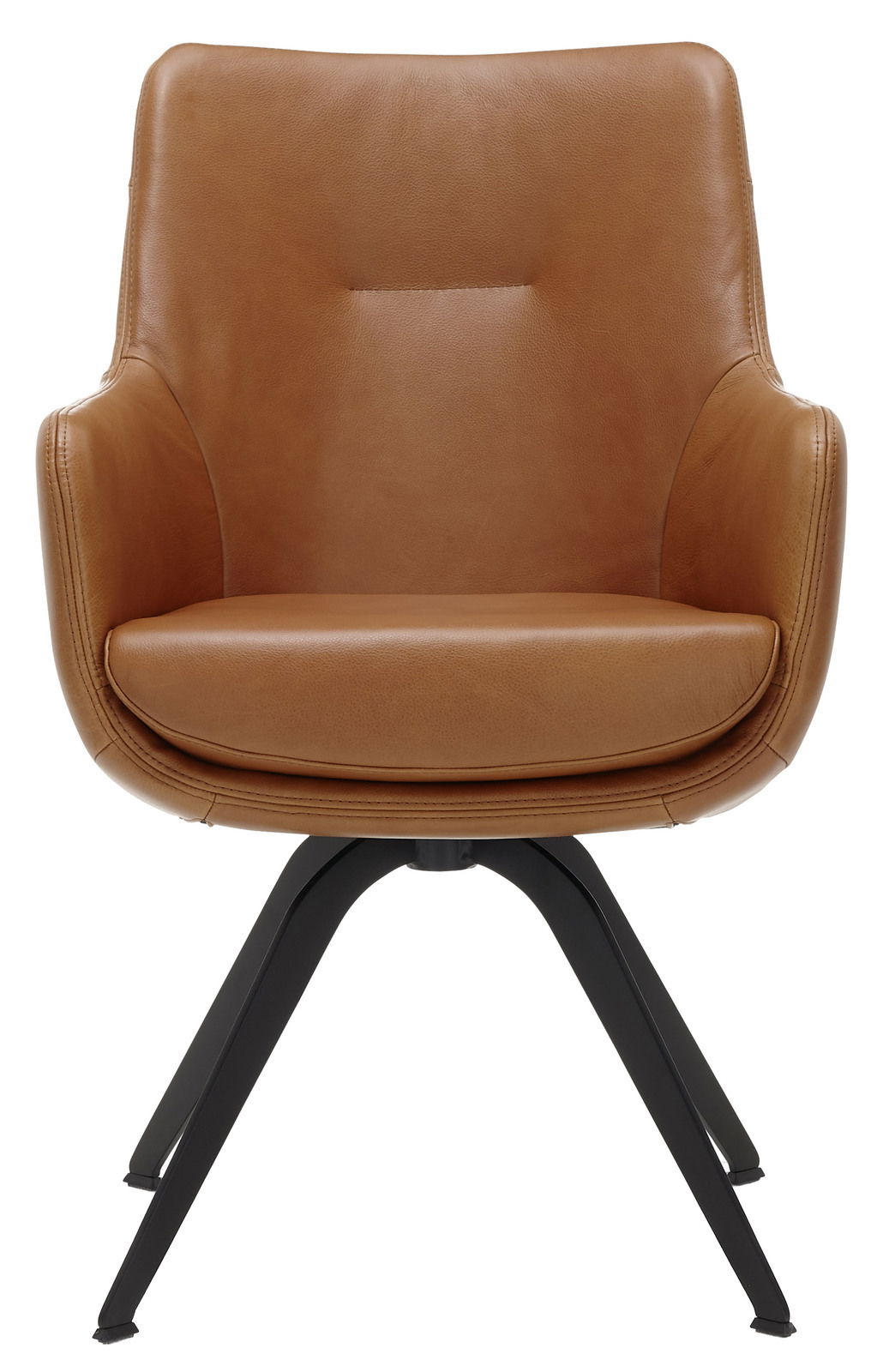 Brauner Ledersessel mit schwarzem Metallgestell, Frontalansicht