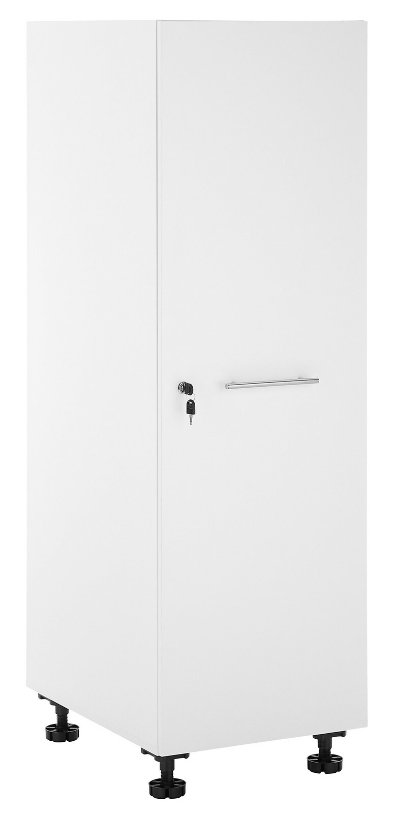 Weißer Haushaltschrank mit abschließbarer Tür und Griff, auf verstellbaren Füßen, seitliche Perspektive