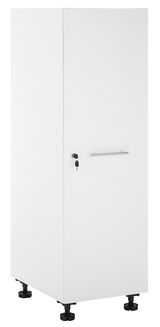 Weißer Haushaltschrank mit abschließbarer Tür und Griff, auf verstellbaren Füßen, seitliche Perspektive