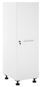 Weißer Haushaltschrank mit abschließbarer Tür und Griff, auf verstellbaren Füßen, seitliche Perspektive