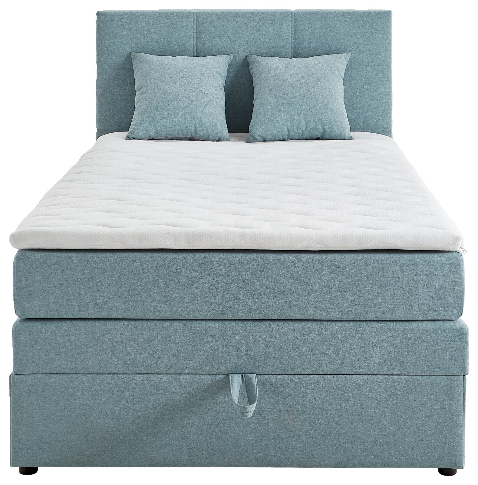 Boxspringbed met lichtblauwe bekleding en twee kussens, vooraanzicht