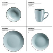 Vier-teiliges Geschirrset in Hellblau mit dunklem Rand: Schale 18,6 cm (850 ml) in Draufsicht, Becher 400 ml in Seitenansicht, Teller 27 cm in Draufsicht und Teller 20 cm in Draufsicht, auf weißem Hintergrund