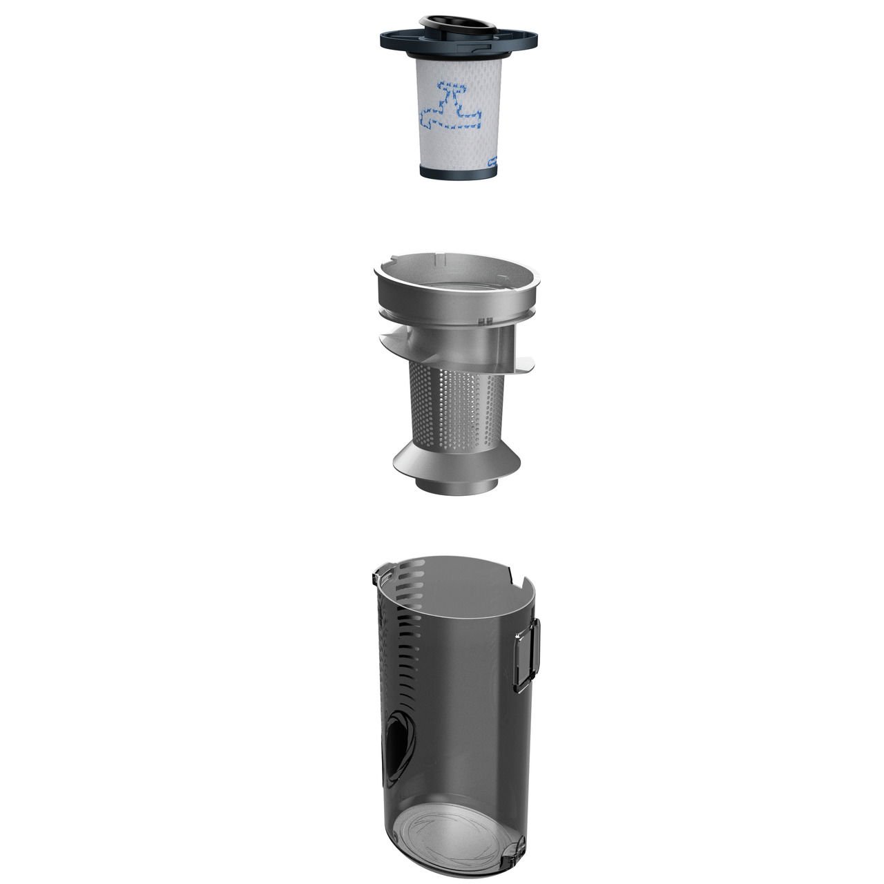 Explosionsansicht eines Staubsaugerfiltersystems für den Bodenstaubsauger Expert 6.60 E, bestehend aus einem Filter, einem Metallgitter und einem transparenten Behälter.