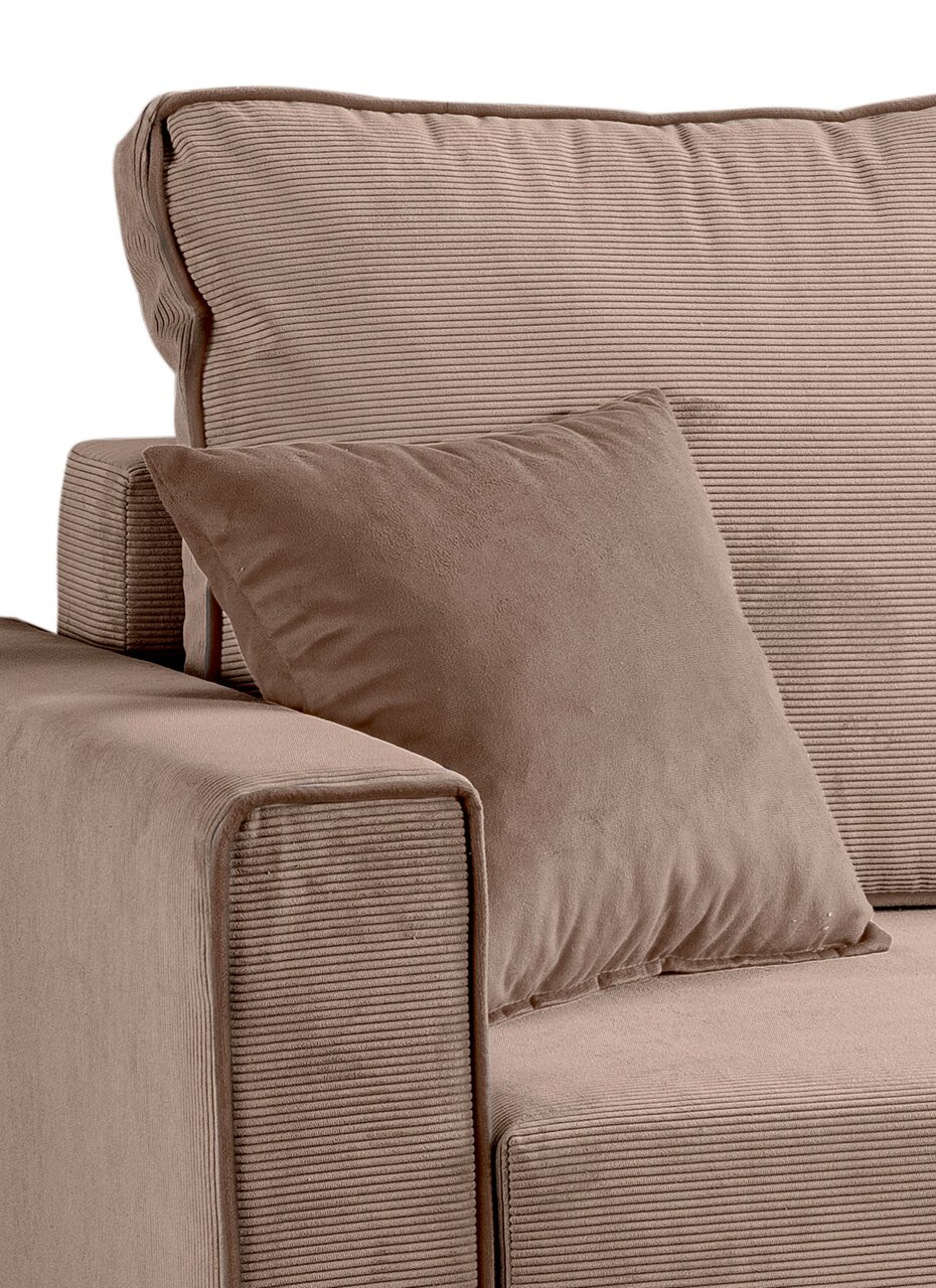 Nahaufnahme eines beigen Schlafsofas in L-Form mit Kissen, Perspektive von der Seite