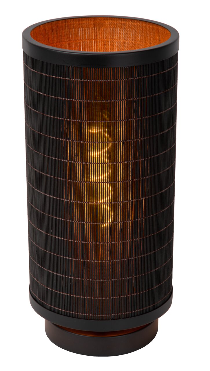 Zylindrische Tischlampe mit schwarzem, geflochtenem Schirm und warmem Licht, seitliche Perspektive