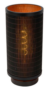 Zylindrische Tischlampe mit schwarzem, geflochtenem Schirm und warmem Licht, seitliche Perspektive