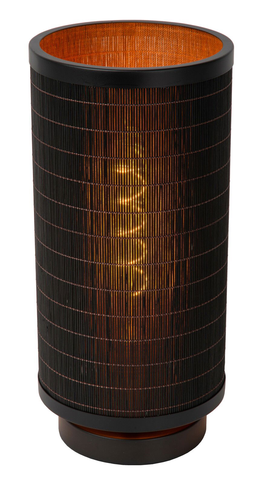 Zylindrische Tischlampe mit schwarzem, geflochtenem Schirm und warmem Licht, seitliche Perspektive