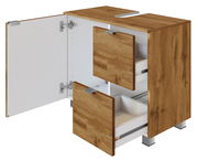 Waschbeckenunterschrank aus Holz mit geöffneter Tür und Schubladen, Perspektive von vorne rechts