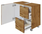 Waschbeckenunterschrank aus Holz mit geöffneter Tür und Schubladen, Perspektive von vorne rechts