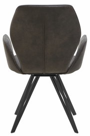 Rückansicht eines modernen Armlehnenstuhls mit schwarzem Metallgestell und brauner Polsterung.