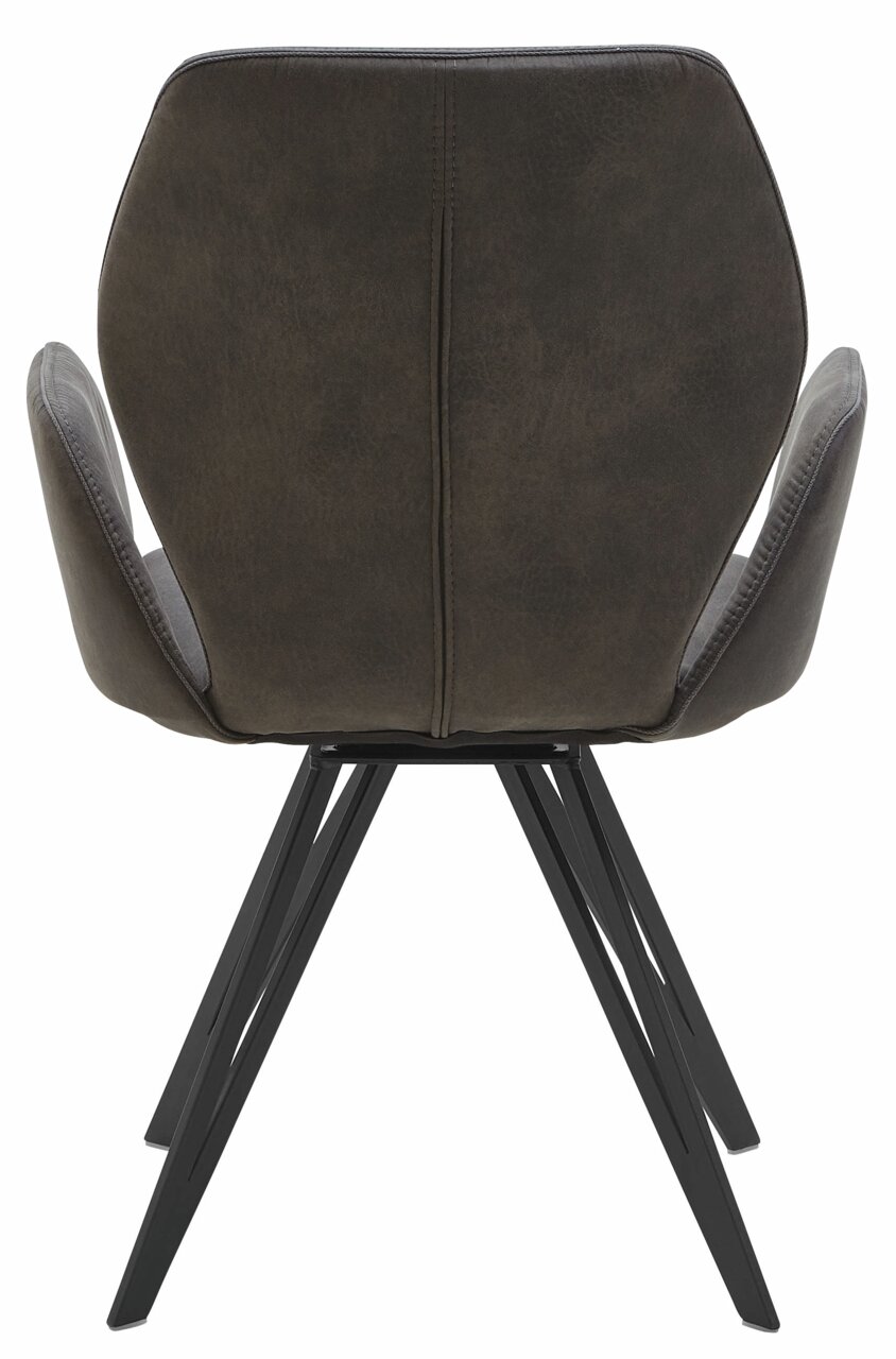 Rückansicht eines modernen Armlehnenstuhls mit schwarzem Metallgestell und brauner Polsterung.