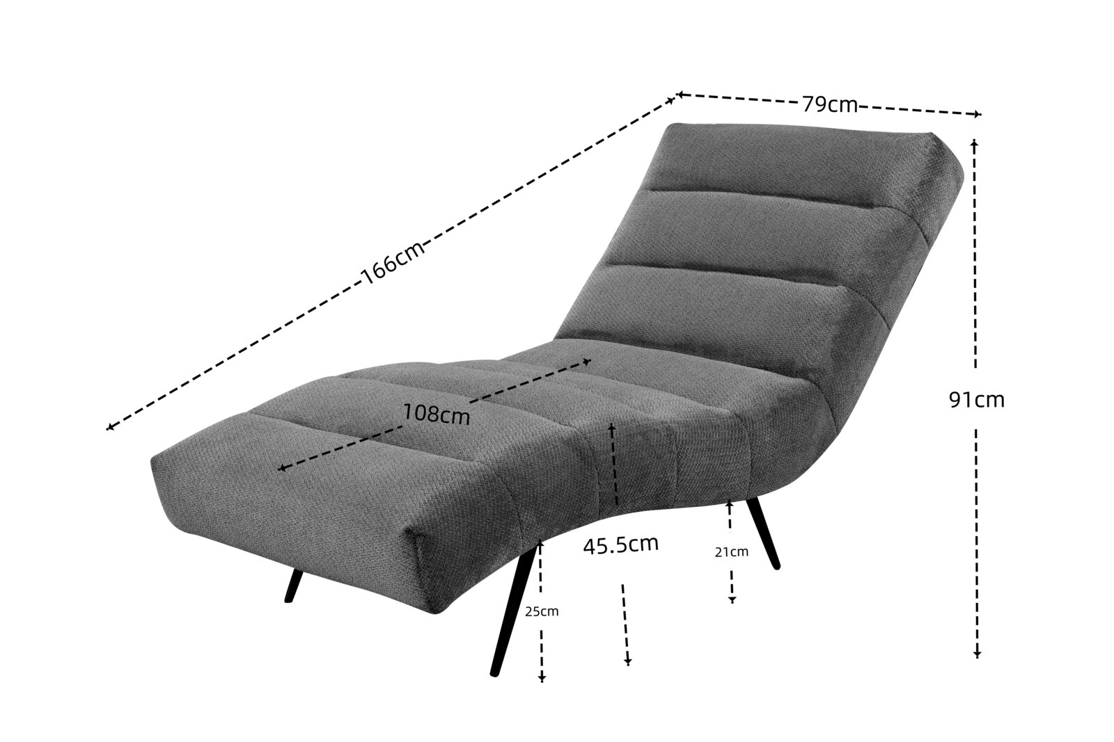 Graue, gepolsterte Relaxliege mit gestepptem Stoffbezug und schwarzen Metallbeinen in schräger Vorderansicht, inklusive Maßangaben: 166 cm lang, 79 cm breit und 91 cm hoch.