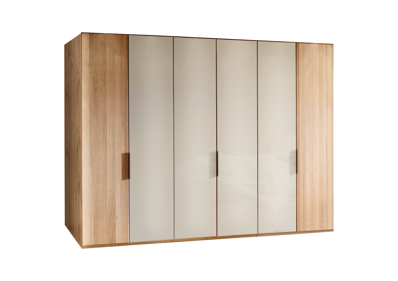 Sechstüriger Drehtürenschrank aus Holz mit cremefarbenen Fronten, seitliche Perspektive