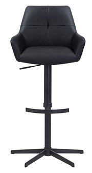 Moderner schwarzer Barhocker mit gepolsterter Rückenlehne und verstellbarer Sitzhöhe, Vorderansicht