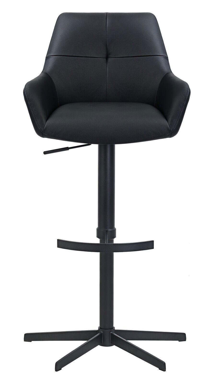Moderner schwarzer Barhocker mit gepolsterter Rückenlehne und verstellbarer Sitzhöhe, Vorderansicht