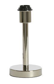 Silberner Lampenfuß aus Metall, frontal fotografiert, mit schwarzer Fassung oben.