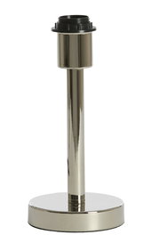 Silberner Lampenfuß aus Metall, frontal fotografiert, mit schwarzer Fassung oben.