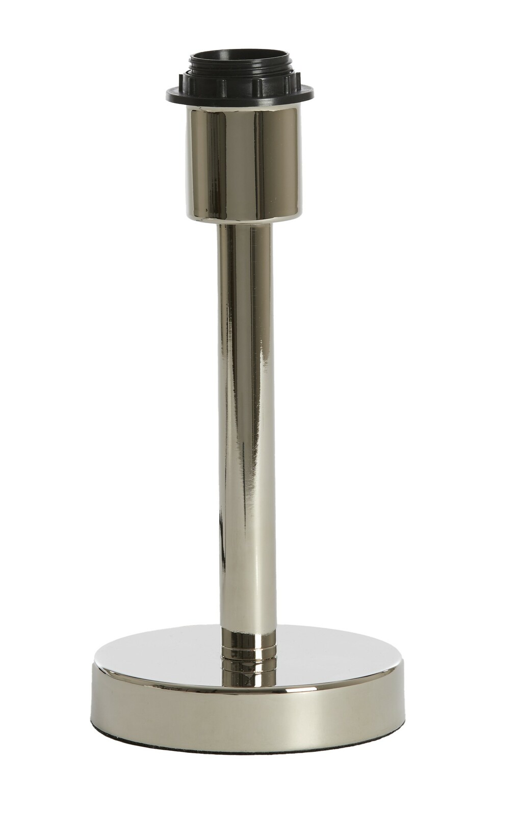 Silberner Lampenfuß aus Metall, frontal fotografiert, mit schwarzer Fassung oben.
