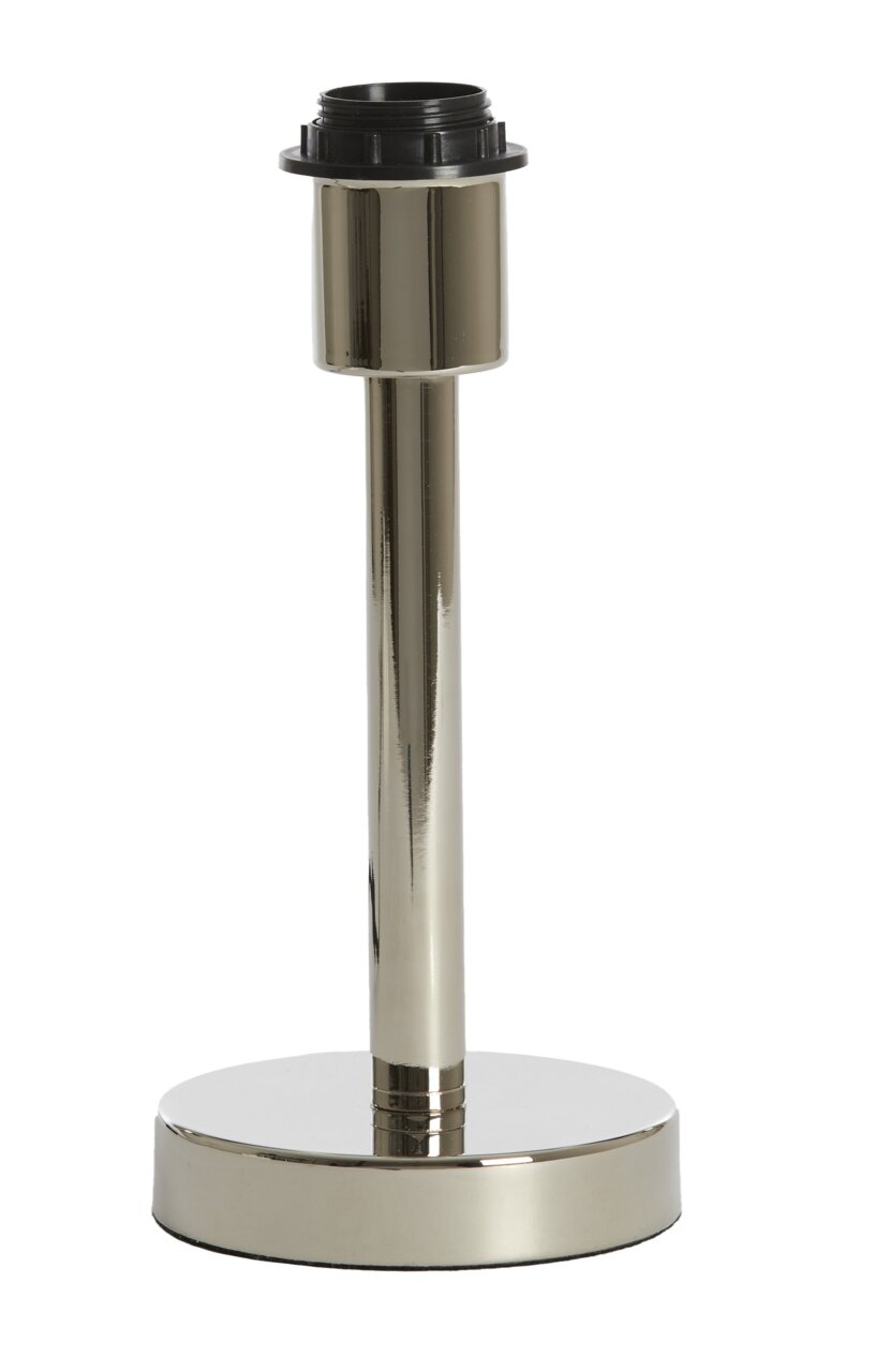 Silberner Lampenfuß aus Metall, frontal fotografiert, mit schwarzer Fassung oben.