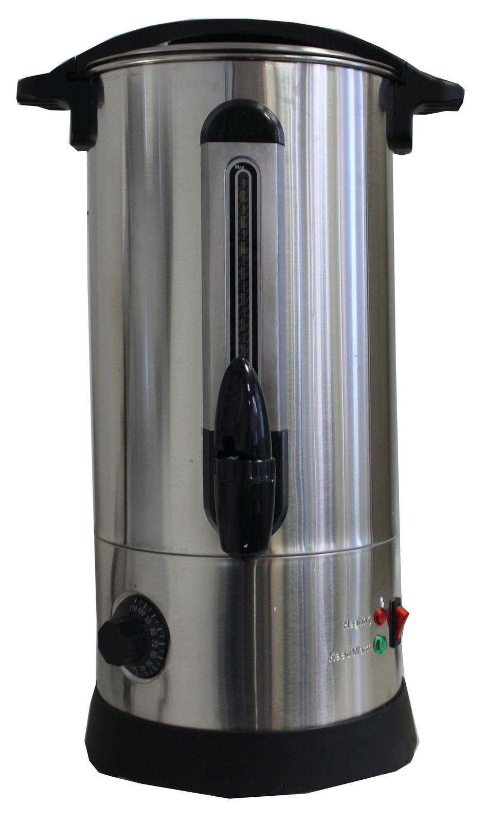 Glühweinbehälter aus Edelstahl mit 8 Litern Fassungsvermögen, seitliche Ansicht mit Temperaturregler und Auslaufhahn.