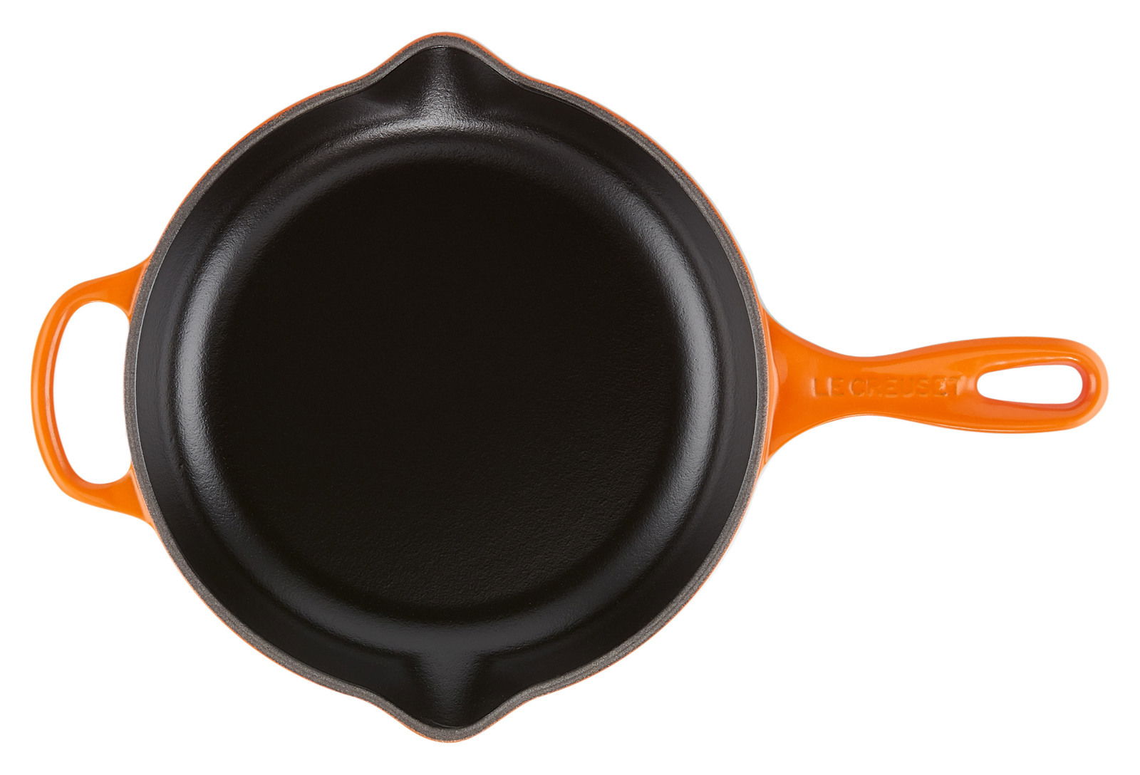 Brat- und Servierpfanne aus Gusseisen mit orangefarbenem Griff, Draufsicht