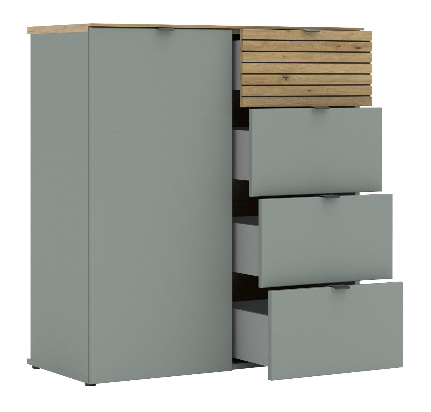 Kommode mit grünlichen Schubladen und einer Holztür, teilweise geöffnet, aus seitlicher Perspektive