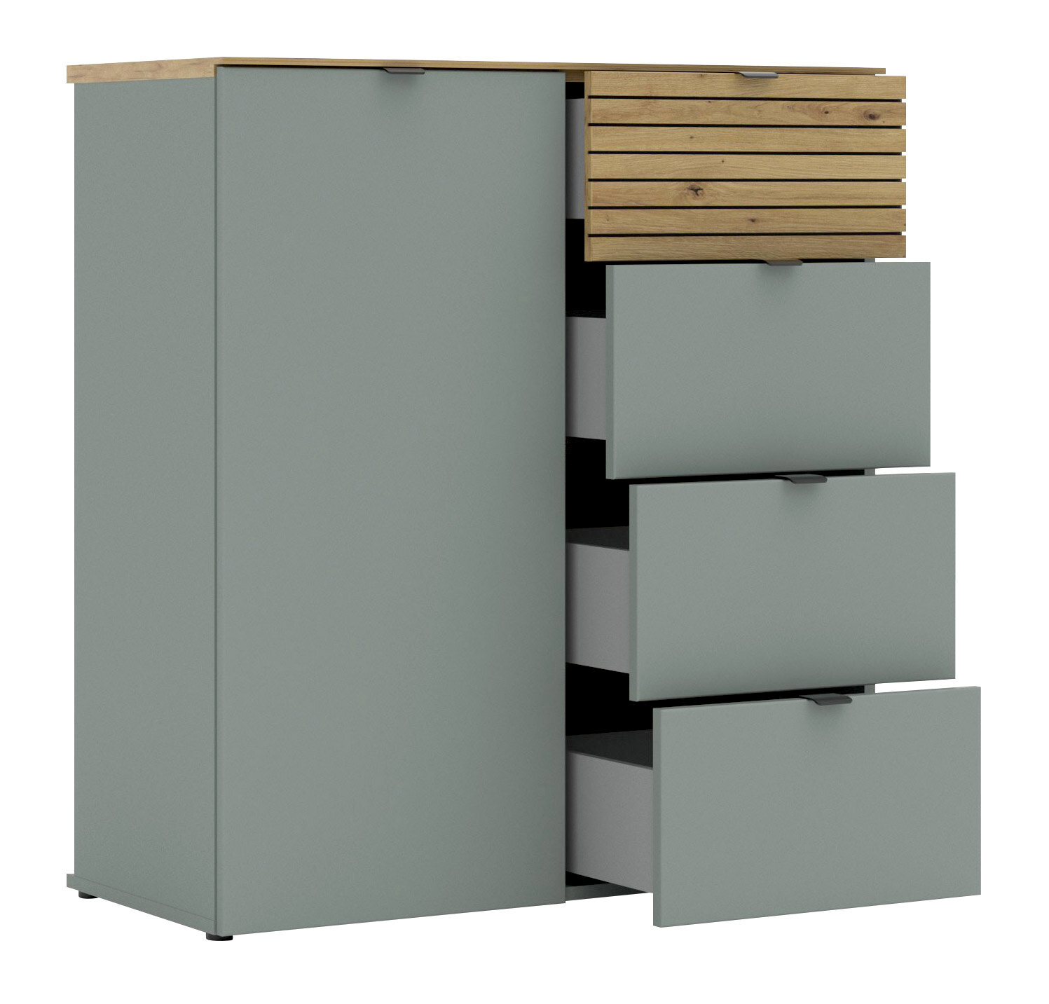 Kommode mit grünlichen Schubladen und einer Holztür, teilweise geöffnet, aus seitlicher Perspektive