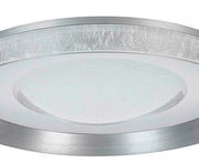 Moderne LED-Deckenleuchte aus der Seitenperspektive mit silbernem Rand und strukturiertem Glasdesign.