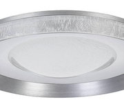 Moderne LED-Deckenleuchte aus der Seitenperspektive mit silbernem Rand und strukturiertem Glasdesign.