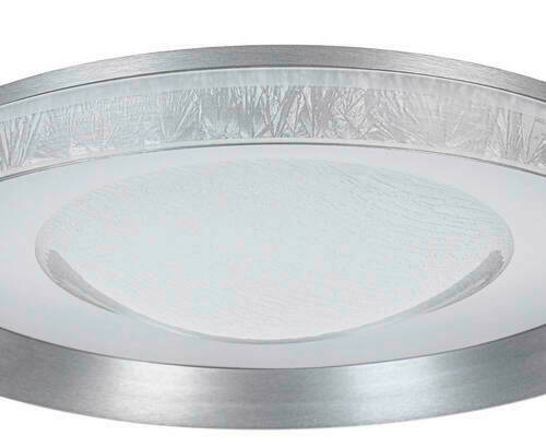 Moderne LED-Deckenleuchte aus der Seitenperspektive mit silbernem Rand und strukturiertem Glasdesign.