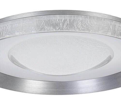 Moderne led-plafondlamp gezien vanaf de zijkant, met een zilveren rand en een gestructureerd glasontwerp.