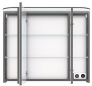Spiegelschrank mit zwei offenen Türen, zwei Glasböden und integrierter Steckdose, Frontalansicht.