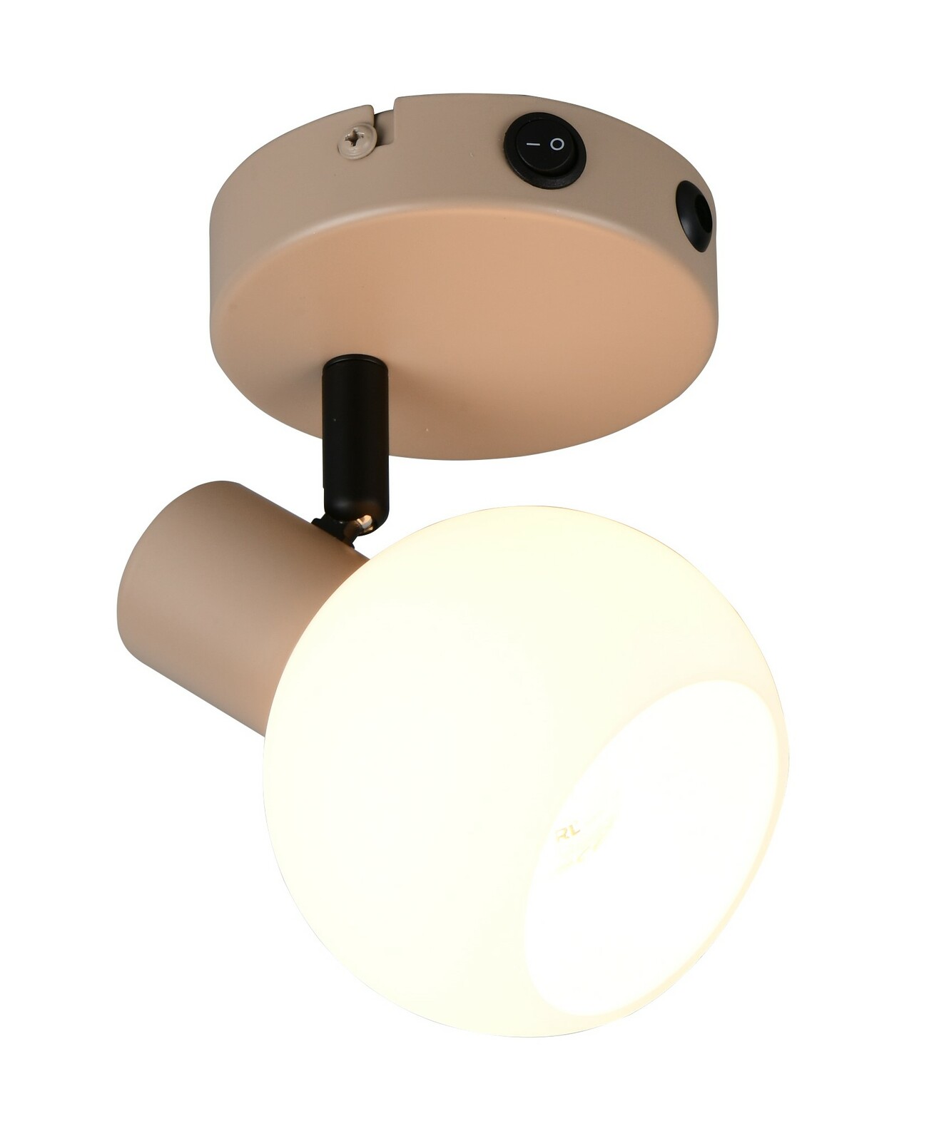 Deckenstrahler BOBA in Beige mit rundem, schwenkbarem Leuchtkopf und integriertem Schalter, seitliche Perspektive