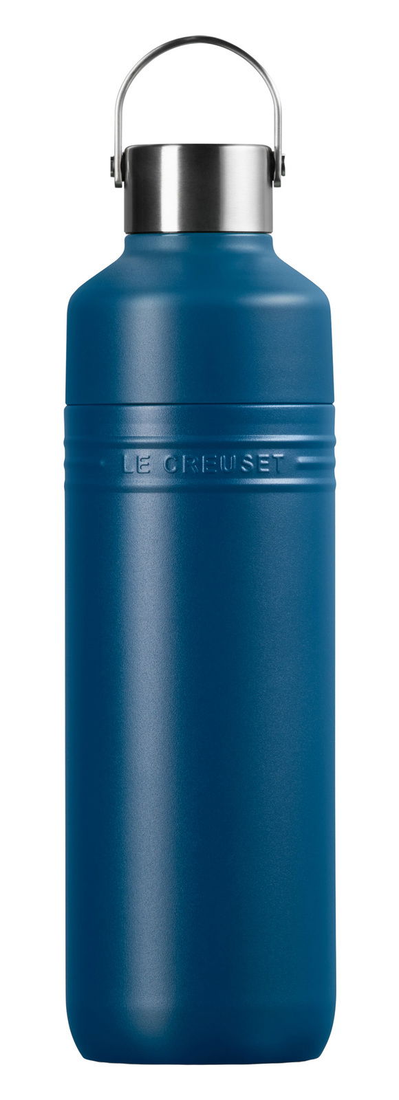 Trinkflasche 1L in Deep Teal, Vorderansicht mit Edelstahlverschluss und Tragegriff