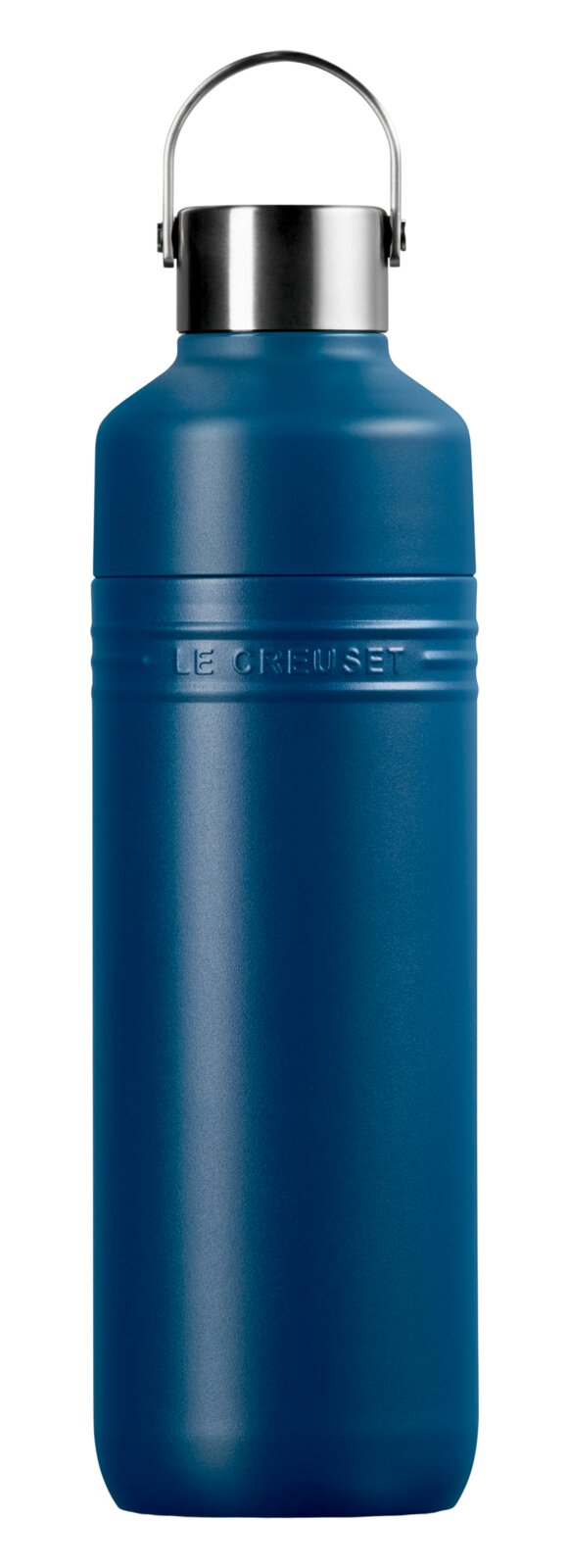 Drinkfles van 1 liter in Deep Teal, vooraanzicht met roestvrijstalen dop en draaggreep