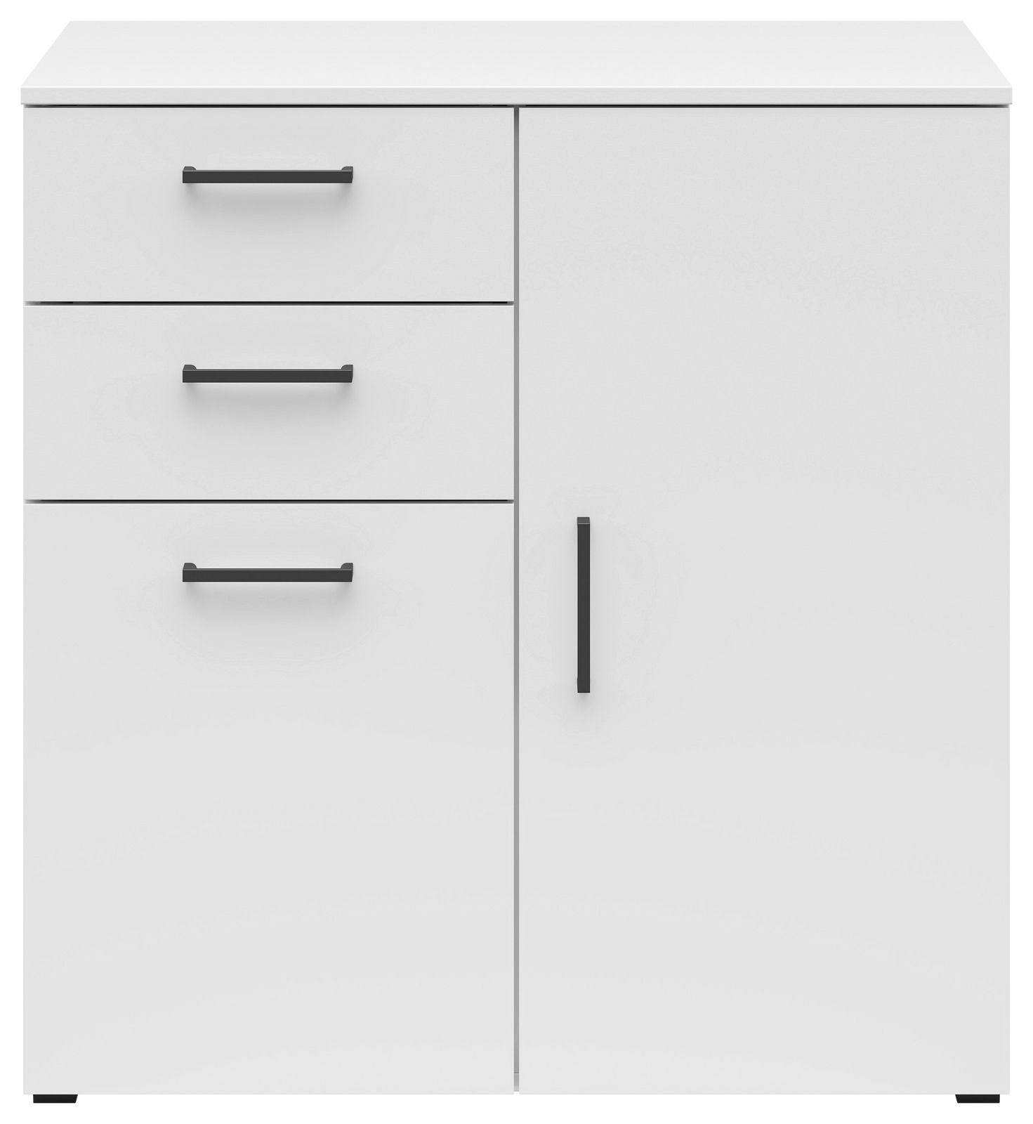 Weiße Kommode mit zwei Schubladen und einer Tür, schwarze Griffe, frontale Ansicht