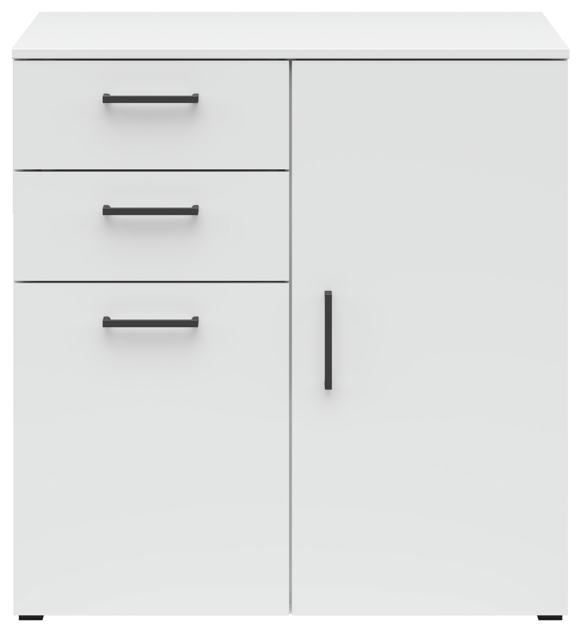 Weiße Kommode mit zwei Schubladen und einer Tür, schwarze Griffe, frontale Ansicht
