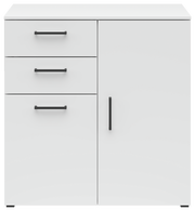 Weiße Kommode mit zwei Schubladen und einer Tür, schwarze Griffe, frontale Ansicht