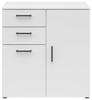 Weiße Kommode mit zwei Schubladen und einer Tür, schwarze Griffe, frontale Ansicht
