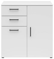 Weiße Kommode mit zwei Schubladen und einer Tür, schwarze Griffe, frontale Ansicht